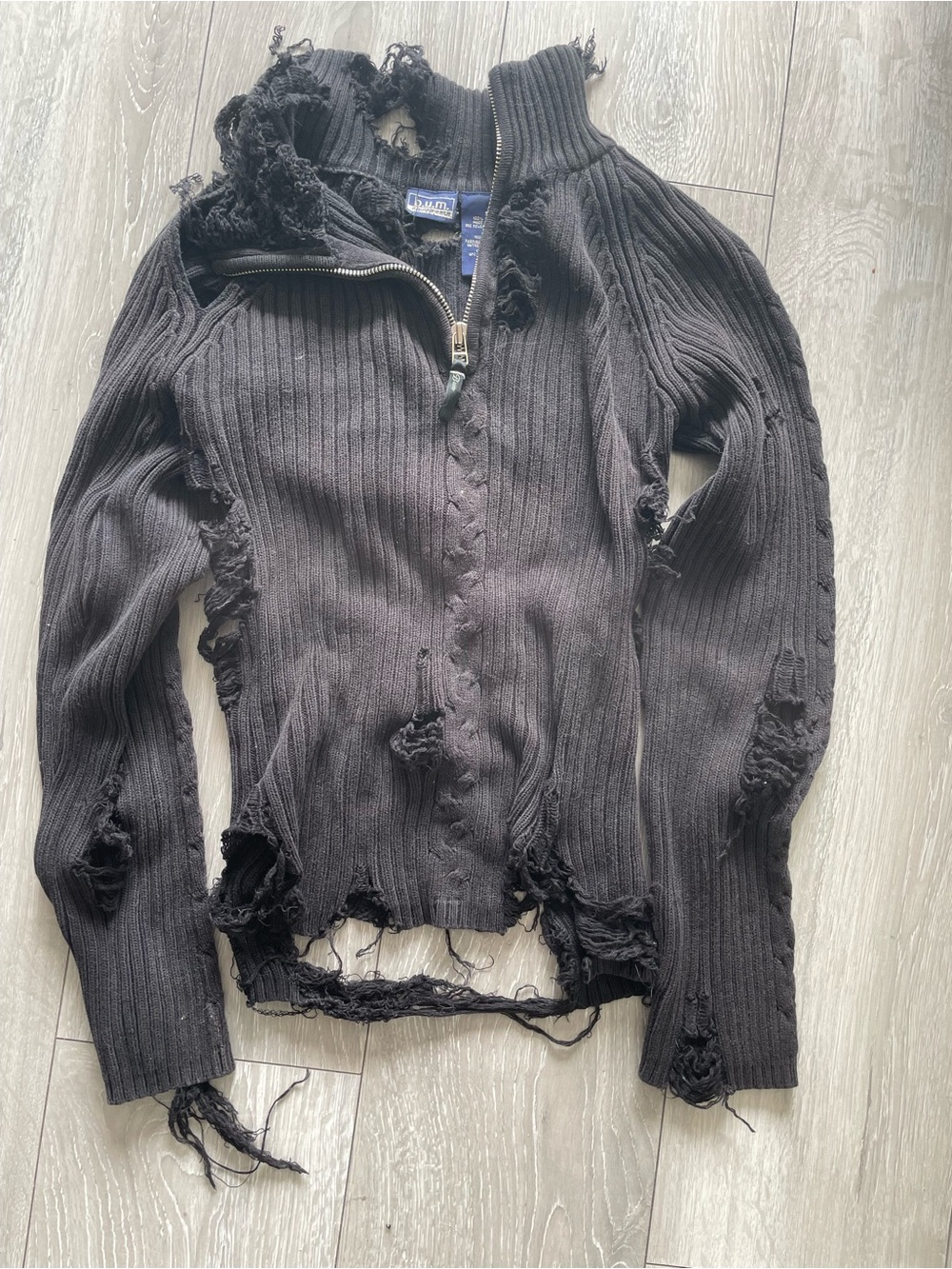 Black Distressed Rib-Knit Zip Sweater